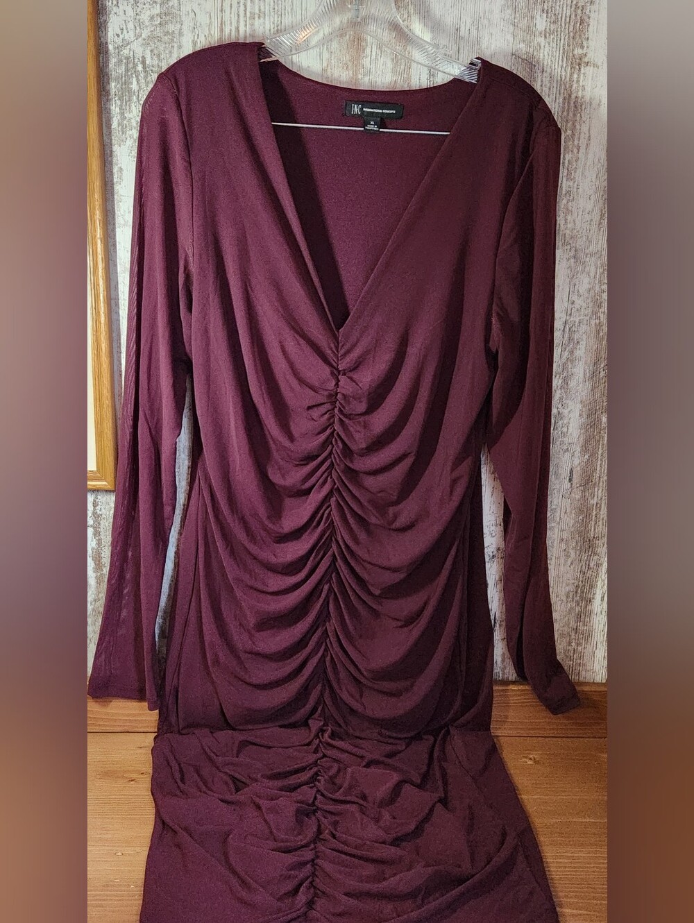INC International Concepts V-Neck Ruched Mesh Dress Burgundy XL